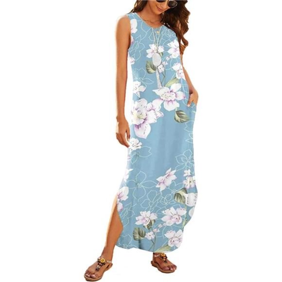Women's Casual Summer Sleeveless Dress Loose Split Maxi Dresses with Pockets - Picture 3 of 3